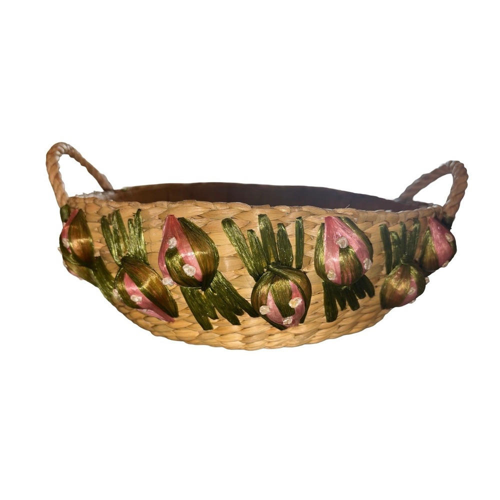 Vintage Woven Raffia Straw Round Casserole Basket With Fruit Accents‎ Handles
